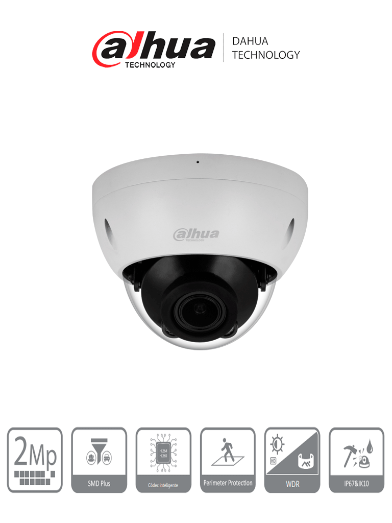DAHUA DH-IPC-HDBW2241R-ZS Cámara Domo IP de 2 MP/ Lente Mot 2.7 mm–13.5 mm/ H.265+/ IR de 40 Mts/ WDR Real/ Prtección Perimetral/ Videoanaliticos/ SMD Plus/ Ranura para MicroSD/ IP67/ IK10/ PoE #DAV
