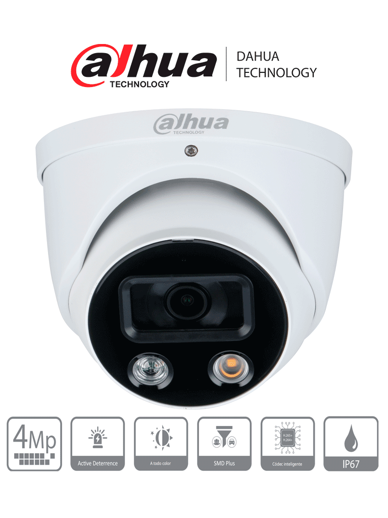 [DH-IPC-HDW3449H-AS-PV] DAHUA DH-IPC-HDW3449H-AS-PV - Camara IP Domo TiOC de 4 Megapixeles/ WizSense/ Lente de 2.8 mm/ Angulo de 101 Grados/ Iluminador Dual/ Sirena/ Estrobo Azul y Rojo/IR 30m/ SMD 4.0/ Microfono Integrado/ Ranura MicroSD/ IP67/ PoE