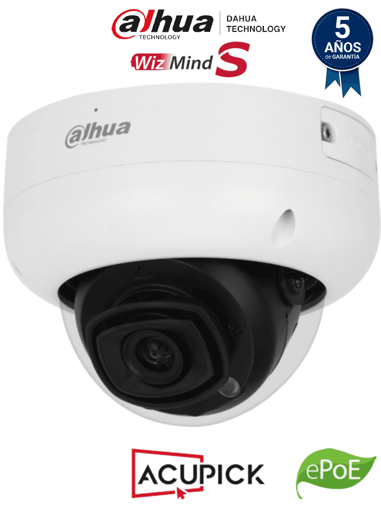 DAHUA IPC-HDBW5241R-ASE-S3 - Cámara IP Domo 2MP Antivandálica/ WizMind/ Lente 2.8 mm/ 106° Apertura/ IR 50m/ E&S Alarma y Audio/ ePoE/ WDR/ IP67/ IK10/ Micrófono integrado/ Ranura MicroSD/ Conteo de Personas/ AcuPick/ #DAVL