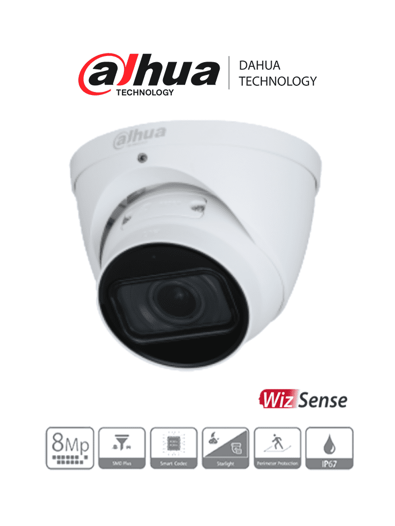 DAHUA IPC-HDW3841TN-ZAS - Cámara IP Domo 4K Resolución de 8 MP/ Lente Mot. 2.7 a 13.5mm/ ∢ 113°-31°/ IR 50 mts/ IA WizSense/ Detección de Movimiento Inteligente/ Protección Perimetral/ Starlight/ PoE/ WDR/ H.265+/ IP67/ Micrófono/