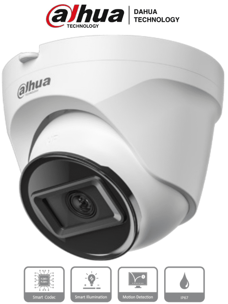 DAHUA IPC-T1E20 -Camara IP Domo de 2 MP, lente de 2.8 mm y 99° de visión. Alcance IR de 30 m, protección IP67 y alimentación PoE. Funciones avanzadas: DWDR, 3D NR, HLC, BLC y compresión H.265+ Ideal para videovigilancia confiable#SwitchD1#VolDH