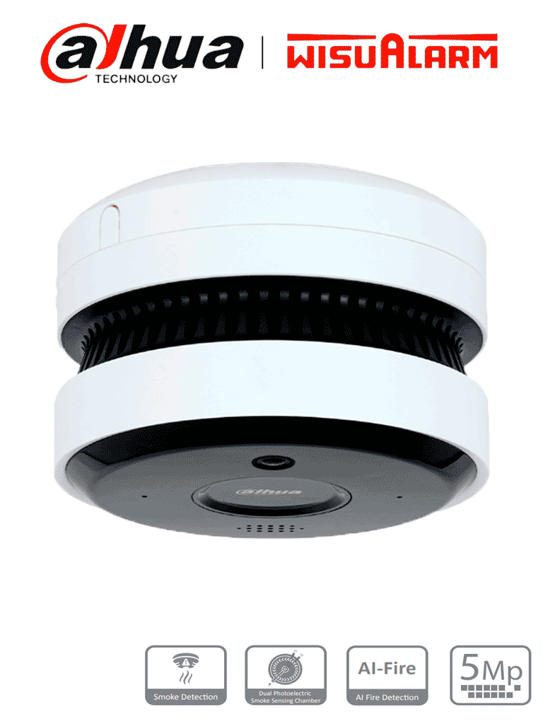 DAHUA WISUALARM DHI-HY-SAV849HA-E -Cámara IP 5MP con IA para Detección de Incendio, Detector Fotoelectrico, Buzzer de 85 dB, WDR Real, Flip, E&S de Alarma, IR de 20 Metros, PoE, Micrófono y altavoz, Ranura MicroSD #TRICOLOR