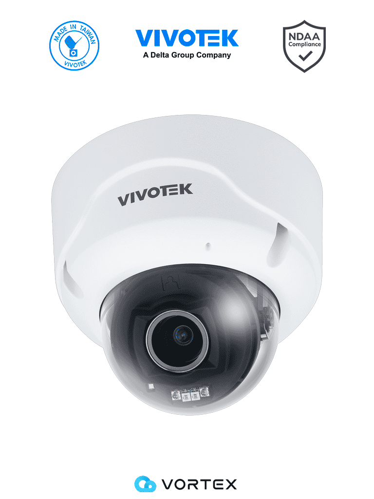 VIVOTEK VORTEX FD839-EHTV-V2 - Cámara IP VORTEX Premium Series Domo exterior 5MP, Lente varifocal 2.8-12mm, Micrófono integrado, Salida de Audio*, Entrada de Audio*, DIx1*, DOx1*,IR 40mts, WDR Pro, IP67, IK10, Almacenamiento 256GB, *Requiere cable AO-015