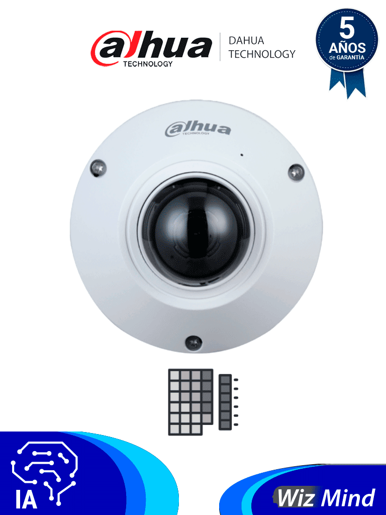 DAHUA IPC-EB5541-AS - Camara IP FishEye de 5 Megapixeles/ WizMind/ 360 Grados/ H.265/ Microfono Integrado + 1 Canal de E&S/ E&S De Alarma/ Mapa de Calor/ Conteo de Personas/ IP67/ IK10/ WDR Real/ PoE #FAB #FS