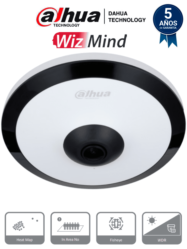 DAHUA IPC-EW5541N-AS - Cámara IP FishEye de 5 MP/WinzMind/ IR de 10 Mts/H.265+/ PoE/ WDR Real/ Micrófono Integrado/ Heat Map/ Detección Inteligente/ Ranura para MicroSD/E&S de Alarma/E&S de Audio/ 3D DNR, HLC, BLC/Interior #MDIP #IMD #FAB #MCI2 #IPMC #FS