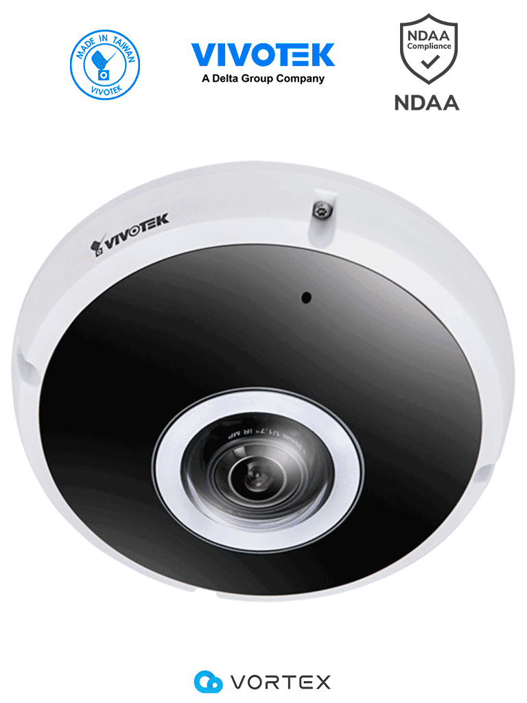 VIVOTEK FE931-EHV(1YL) - Cámara IP VORTEX Premium Series Fisheye exterior 12 Megapixeles, IR 20m, WDR Pro, Micrófono integrado, IP66, IK10, NDAA, Almacenamiento interno 512GB, Advanced AI