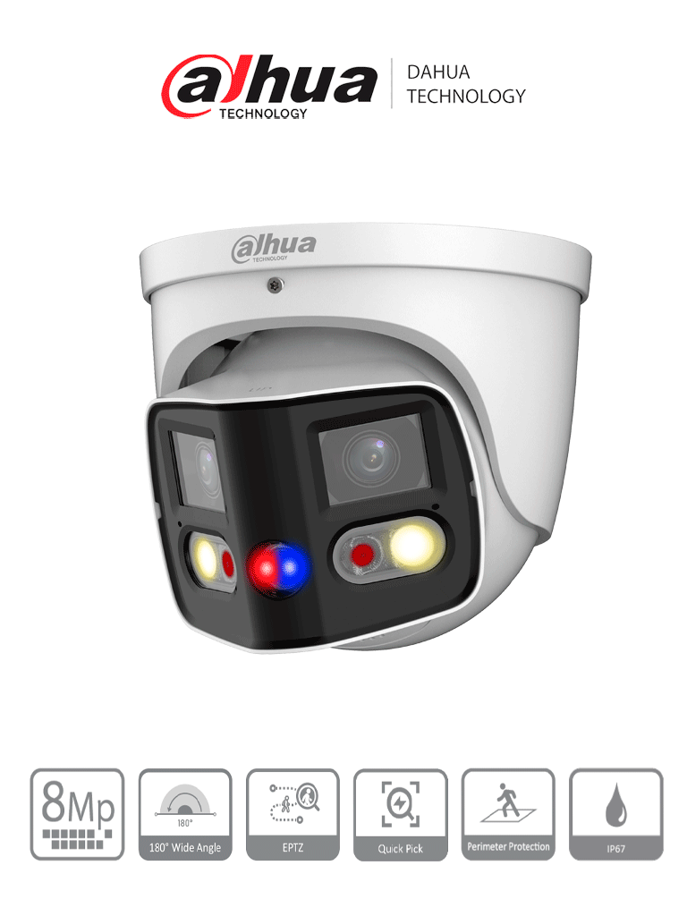 [DH-IPC-PDW3849-A180-AS-PV] DAHUA IPC-PDW3849-A180-AS-PV Cámara IP WizSense Eyeball con multivisión en dos sensores de 4MP, ofreciendo un ángulo de 180°. Con IR de 25 m, LED de 20 m, disuasión activa, ePTZ, micrófono, altavoz, y protección IP67. #Pano180 #MV