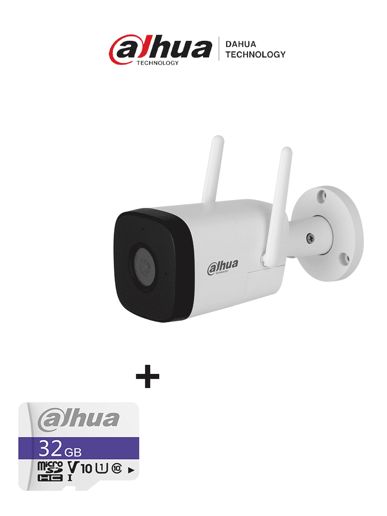 [IPC-HFW1230DT-STW] Bundle IPC-HFW1230DT-STW - Cámara IP Bullet Wifi de 2 Megapixeles/ Lente de 2.8 mm/ 100 Grados de Apertura/ IR de 30 Metros/ H.265/ Microfono y Altavoz Integrados/ Ranura MicroSD/ IP67/ Detección de Movimiento/ + Memoria Micro SD de 32 GB/ #MiPrimerIP
