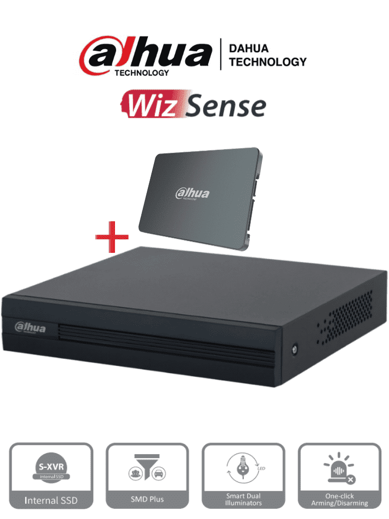 DAHUA XVR1B04-I-SSD - DVR de 4 canales 1080p Lite/ Con disco SSD de 512GB Especial para Videovigilancia/ S-XVR Series/ WizSense/ H.265+/ 4 canales con SMD Plus/ Búsqueda inteligente (Humanos y vehículos)/ #S-XVR #DVM #MCI2 #DMD