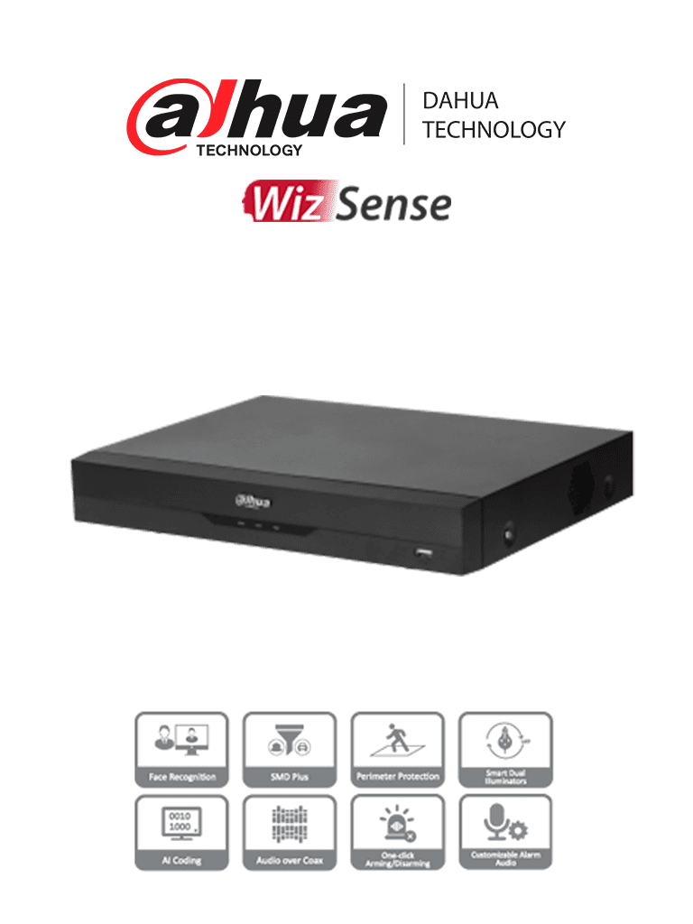 [DH-XVR5104HE-I3] DAHUA XVR5104HE-I3 - DVR de 4 Canales de 5 Megapixeles Lite/ WizSense/ H.265+/ + 2 Ch IP/ Hasta 6 Canales IP/ 1 Ch de Reconocimiento Facial/ SMD Plus/ 1 Bahía de Disco Duro/ E&S Alarmas/ Soporta 4 Tecnologías