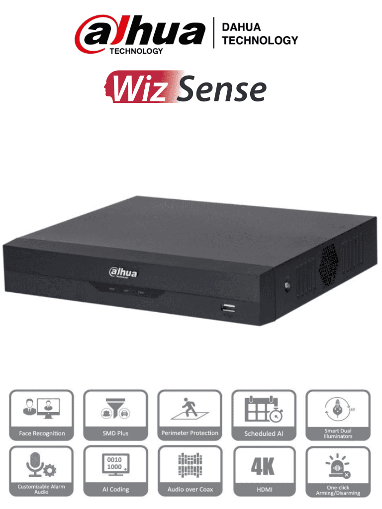 [DH-XVR5104HS-4KL-I3] DAHUA XVR5104HS-4KL-I3 - DVR 4k de 4 Canales y 4 IP o hasta 8 IP. Equipado con WizSense, codificación H.265+, un canal para reconocimiento facial, protección perimetral y SDM Plus. Bahía SATA para HDD de hasta 10TB. Compatible con IoT y POS
