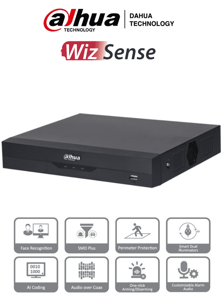 DAHUA XVR5104HS-I3 - DVR de 5MP Lite con WizSense. Soporta 4 canales + 2 IP o hasta 6 canales IP. Reconocimiento facial y protección perimetral en 1 canal, incluye SDM Plus, codificación H.265+, y funciones para IoT & POS/ 1 puerto SATA/ #5MP