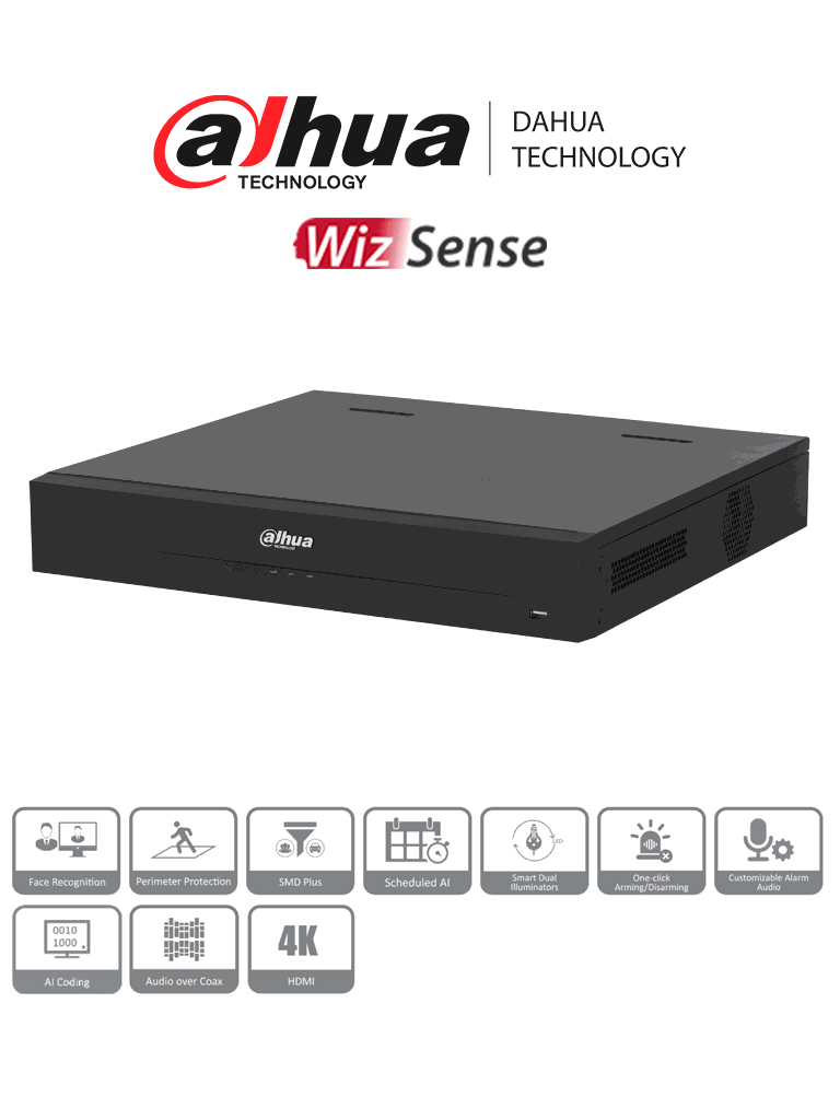 [DH-XVR5416L-4KL-I3] DAHUA DH-XVR5416L-4KL-I3 - DVR de 16 canales, resolución 4K, WizSense, H.265+, IA avanzada, 4 bahías para discos duros, soporte para 16 canales IP adicionales (32 en total), 2 canales de reconocimiento facial, SMD Plus, y funciones IoT y POS.