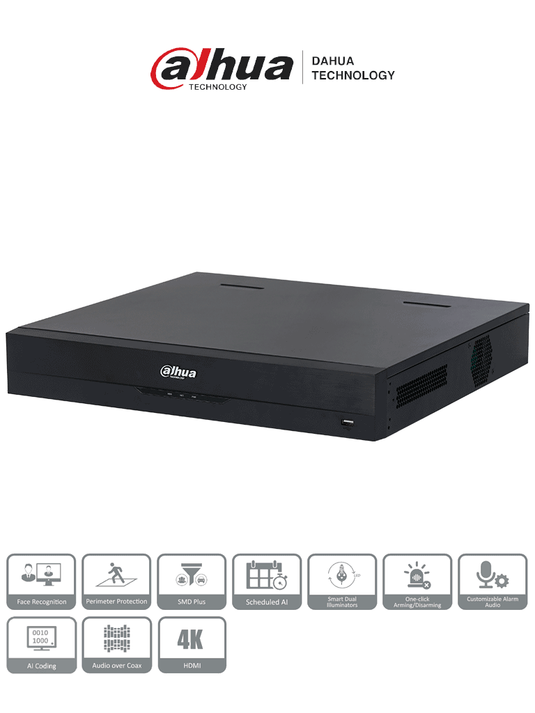 [DH-XVR5432L-I3] DAHUA DH-XVR5432L-I3 - DVR de 32 canales 5MP Lite con IA WizSense, H.265+, 4 bahías para HDD, 32 canales IP, 2 canales de reconocimiento facial, SMD Plus, codificación IA, Onvif, funciones IoT & POS.