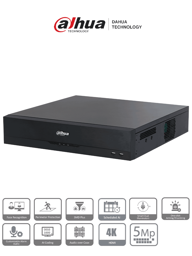 [DH-XVR5832S-I3] DAHUA DH-XVR5832S-I3 - DVR 32 canales de 5MP y 1080p con WizSense, H.265+, codificación IA. Incluye 2 canales de reconocimiento facial y soporte para hasta 32 canales IP (32 totales). SMD Plus y protección perimetral. #XVRPRO