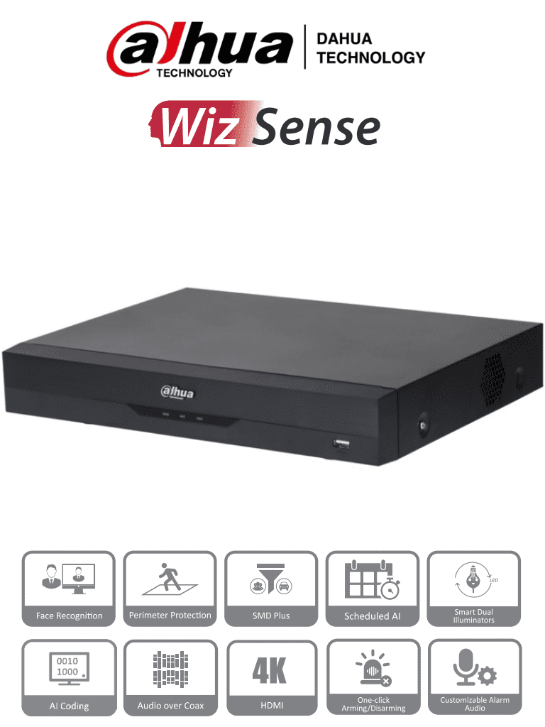 [DH-XVR5116H-4KL-I3] DAHUA XVR5116H-4KL-I3 - DVR de 16 Canales 4k/ 8 Megapixeles/ WizSense/ IA/ H.265+/ 16 Canales + 16 IP/ Hasta 32 Ch IP/ 2 Canales de Reconocimiento Facial/ SDM Plus/ Codificación con IA/ 1 Bahía de Disco Duro/ Funciones IoT & POS/ #NuevoPrecio #DMD