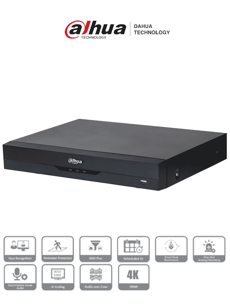 [DH-XVR5116HE-4KL-I3] DAHUA XVR5116HE-4KL-I3 - DVR 16 Canales 4K con IA, WizSense, H.265+, 16 Canales + 16 IP (32 Ch máx.), Reconocimiento Facial, SMD Plus, Protección Perimetral, 16&3 E&S Alarma, 1 Puerto SATA.