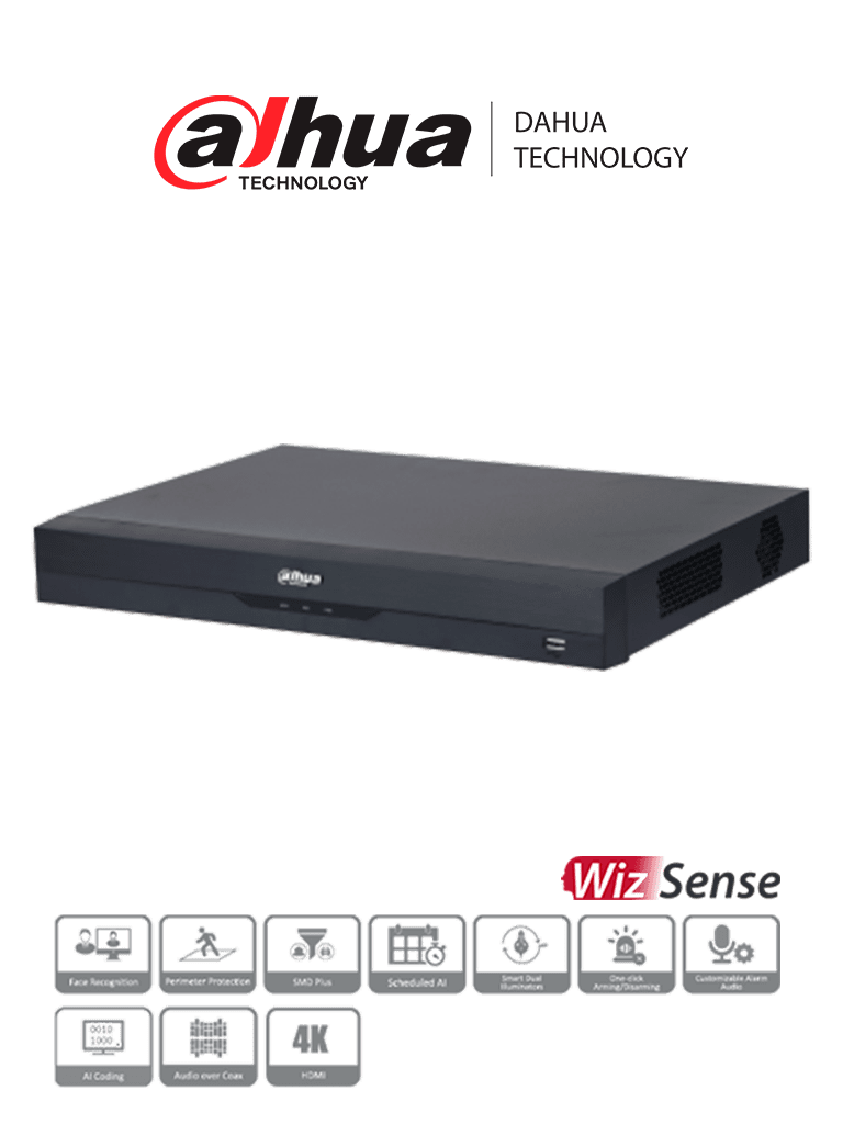 DAHUA XVR5216A-4KL-I3 - DVR de 16 Canales 4k/ WizSense/ H.265+/ 16 Canales + 16 IP/ Hasta 32 Ch IP/ 2 Ch de Reconocimiento Facial/ SDM Plus/ Protección Perimetral/ 2 SATA de hasta 10TB/ 16&3 E&S de Alarmas/ 4 Canales de Audio/ IoT/ POS/
