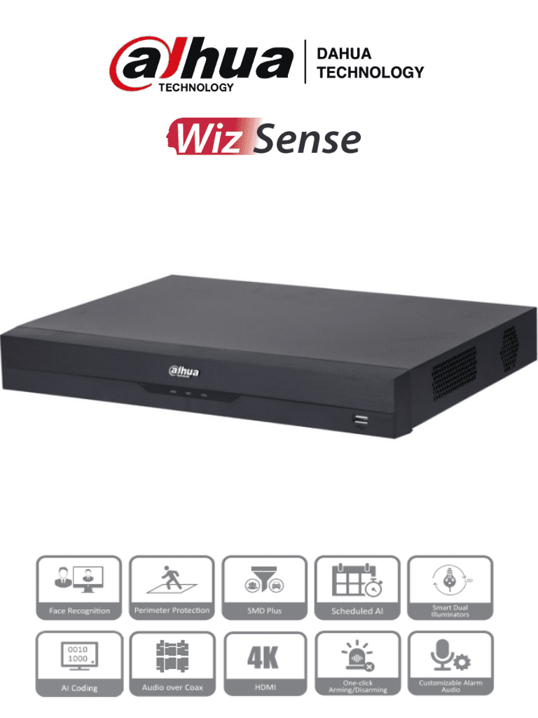 [DH-XVR5216AN-4KL-I3] DAHUA XVR5216AN-4KL-I3 - DVR de 16 Canales 4k/ WizSense/ IA/ H.265+/ 2 Bahías de Disco Duro/ 16 Canales + 16 IP (Hasta 32 IP)/ 2 Canales de Reconocimiento Facial/ SMD Plus/ Codificación IA/ Funciones IoT&POS/ Audio Bidireccional