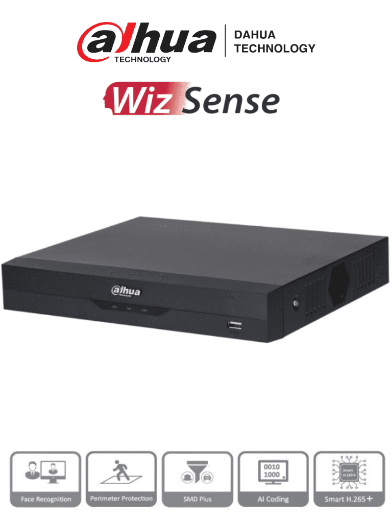 DAHUA XVR5108HS-4KL-I3 - DVR 4K WizSense de 8 canales + 8 IP o hasta 16 IP. Incluye SMD Plus, Protección Perimetral y reconocimiento facial, codificación con IA, H.265+, y soporta CVI, AHD, TVI, CVBS e IP. Compatibilidad con IoT y POS #4K