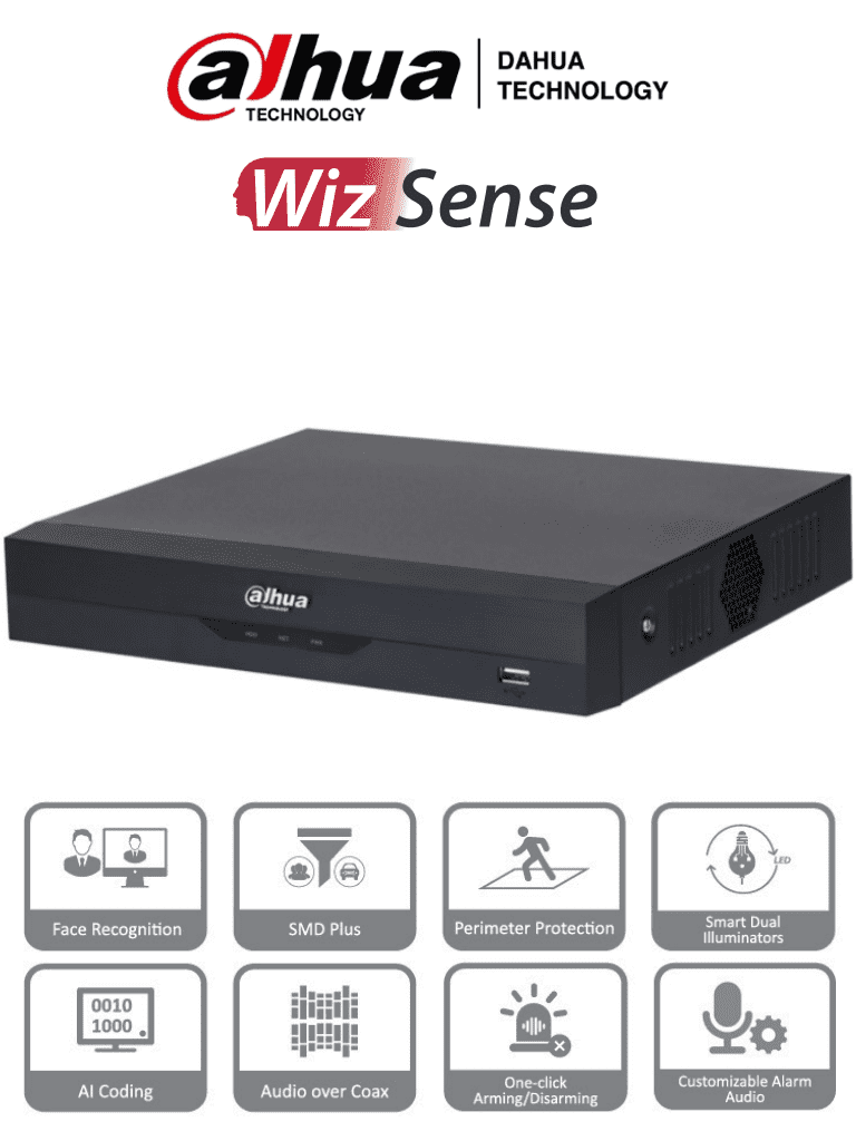 [DH-XVR5108HS-I3] DAHUA XVR5108HS-I3 - DVR de 8 canales 5MP Lite, WizSense con IA, H.265+, 8 Canales Analogos + 4 IP o hasta 12 canales IP, 1 canal de reconocimiento facial, SMD Plus, 1 canal de protección perimetral y 1 bahía HDD #5MP