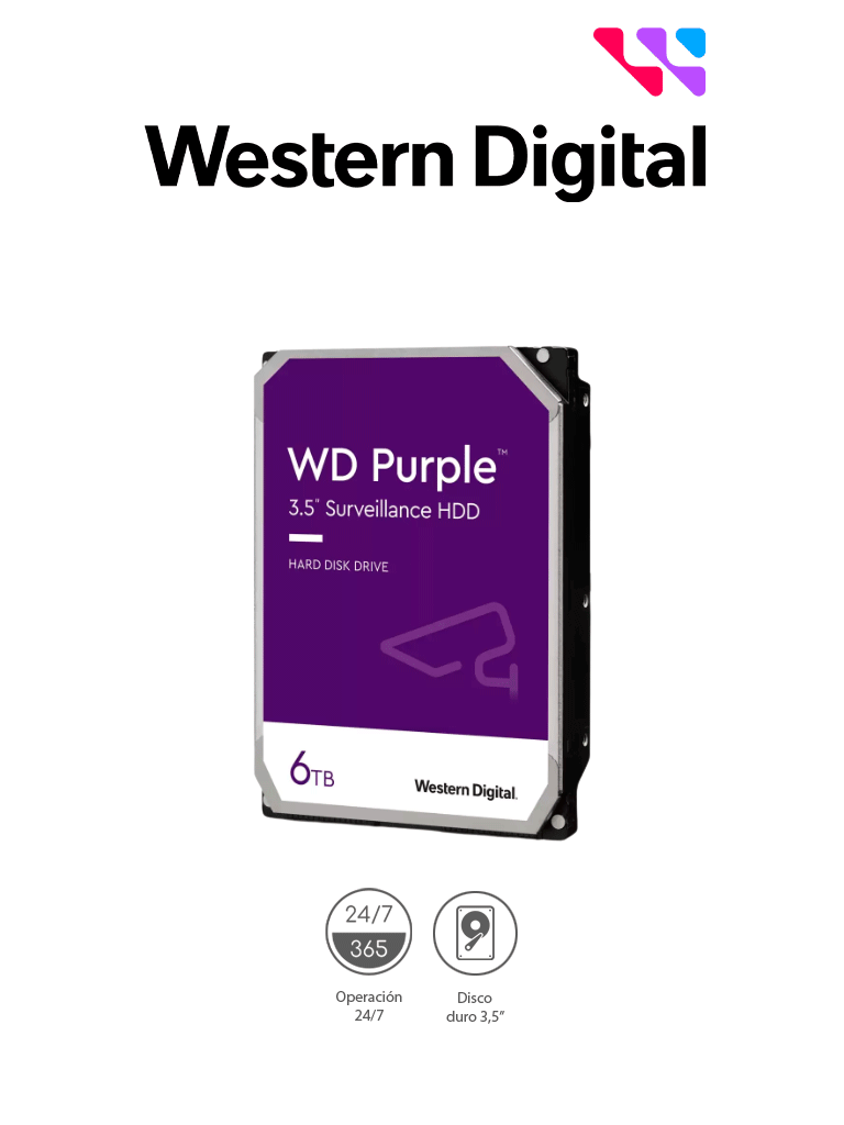 [WD64PURZ] WESTERN DIGITAL WD64PURZ - Disco Duro de 6 TB Purple/ Especial para Videovigilancia/ Trabajo 24/7/ Interface: Sata 6 Gb/s/ Cache 256 MB/ Hasta 64 Cámaras/ Hasta 16 Bahías de Discos Duros/ 3 Años de Garantía/