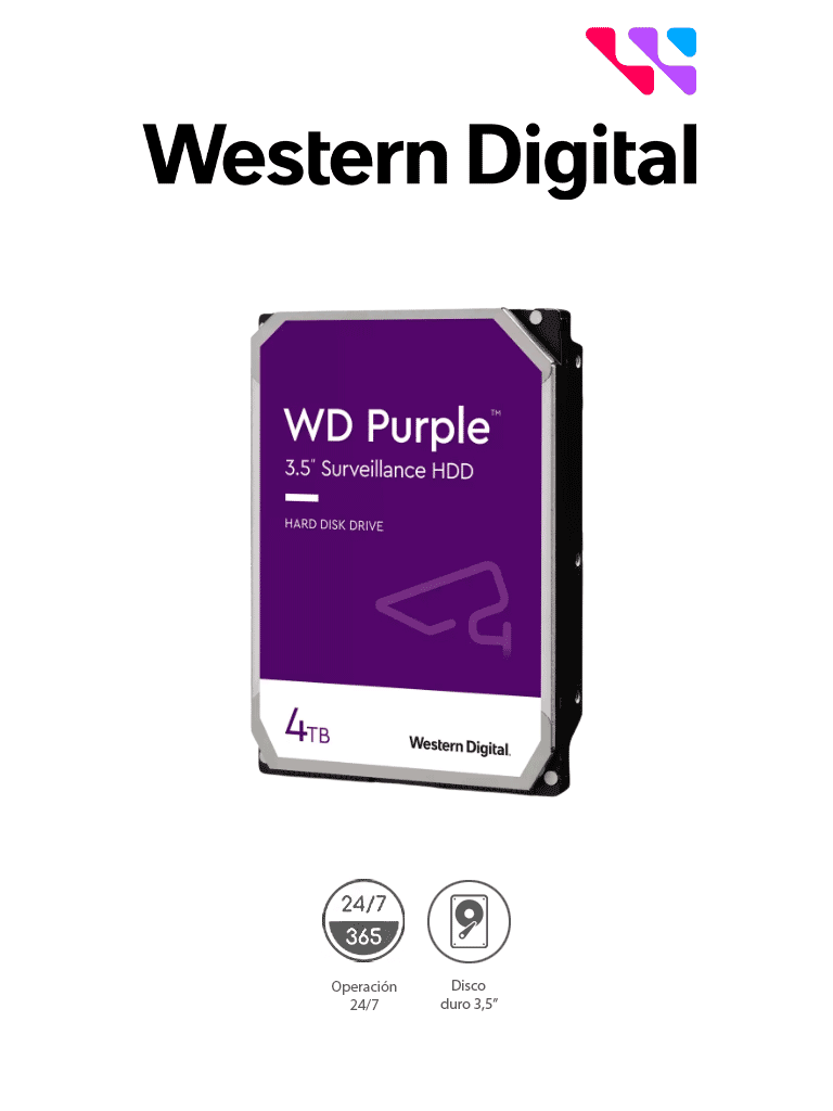 [WD44PURZ] WESTERN DIGITAL WD44PURZ - Disco Duro de 4TB Purple/ Especial para Videovigilancia/ Trabajo 24/7/ Interface: Sata 6 Gb/s/ Hasta 64 Cámaras/ Hasta 16 Bahías de Discos Duros/ 180Mb/S /3 Años de Garantía