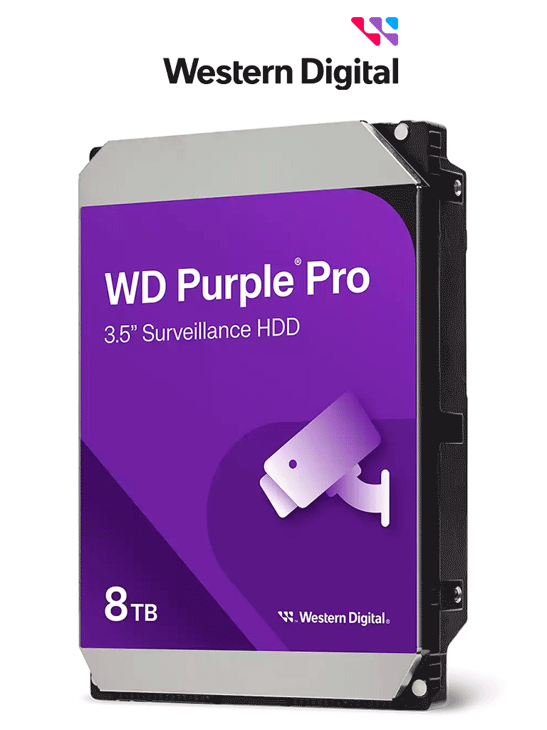WESTERN DIGITAL WD8002PURP - Disco Duro de 8TB Purple PRO / Especial para Videovigilancia con IA / Tecnología IA AllFrame/ Interface: Sata 6 Gb/s/ Cache 256 MB/ Hasta 64 Cámaras/ 32 Secuencias de IA para Análisis de Aprendizaje Profundo #WJUN #TRICOLOR