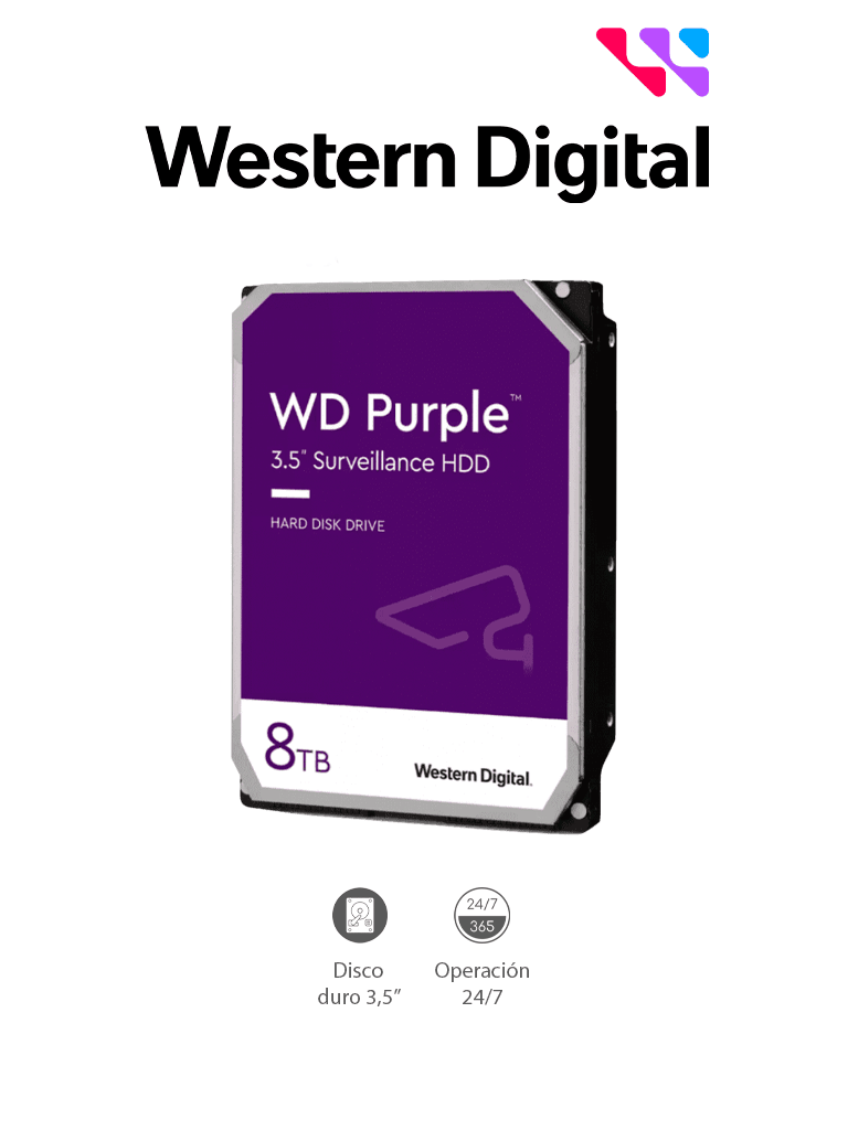 WESTERN DIGITAL WD85PURZ - Disco Duro de 8 TB Purple/ Especial para Videovigilancia/ Trabajo 24/7/ Interface: Sata 6 Gb/s/ Hasta 64 Cámaras/ Hasta 16 Bahías de Discos Duros #CORRIENDO