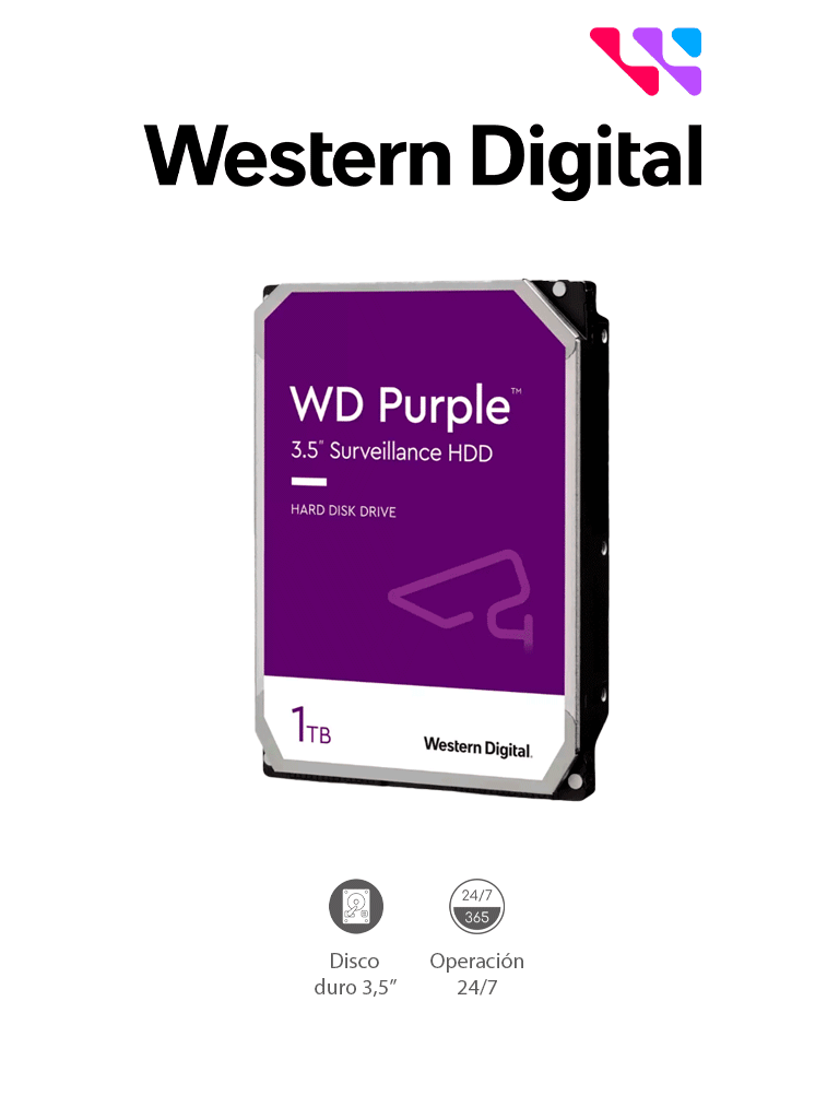 [WD10PURZ] WESTERN WD10PURZ - Disco Duro de 1TB Purple/ Especial Para Videovigilancia/ Trabajo 24/7/ Interface: Sata 6 Gb/s/ Hasta 64 Cámaras/ Hasta 8 Bahías de Discos Duros/ 3 Años de Garantía/