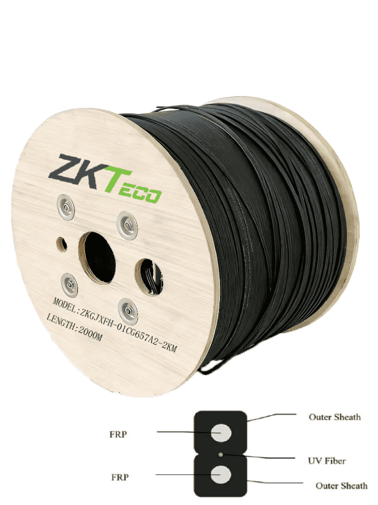 TCE - Fibra Optica Drop G.657A2 Monomodo 1 hilo, LSZH negro, interior/exterior, Kevlar/FRP, ideal CCTV y Redes, Carrete de 2 km