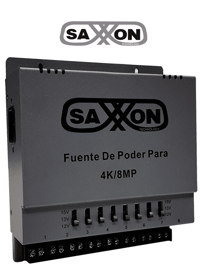 [PSU1208A-4K] SAXXON ENERGIA PSU1208A-4K - Fuente de poder Regulable Metálica/ Conexión de Hasta 8 Canales/ Voltaje de Ajuste 12V 13V o 15V cc/ Salida de Hasta 8 Amp en los 8 Canales Máximo 1 Amp por canal/ Instalación en Pared #FuenteSAXXON