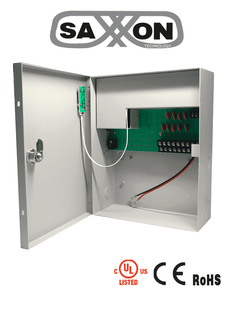 [PSU1210-D9B] SAXXON PSU1210D9B - Fuente de Poder de 12 vcd/ 10 Amperes/ Para 9 Camaras/ Compatible con Bateria de Respaldo/ 1.1 Amper por Canal/ Protección contra Sobrecargas/ Certificación UL/ #FuenteSAXXON
