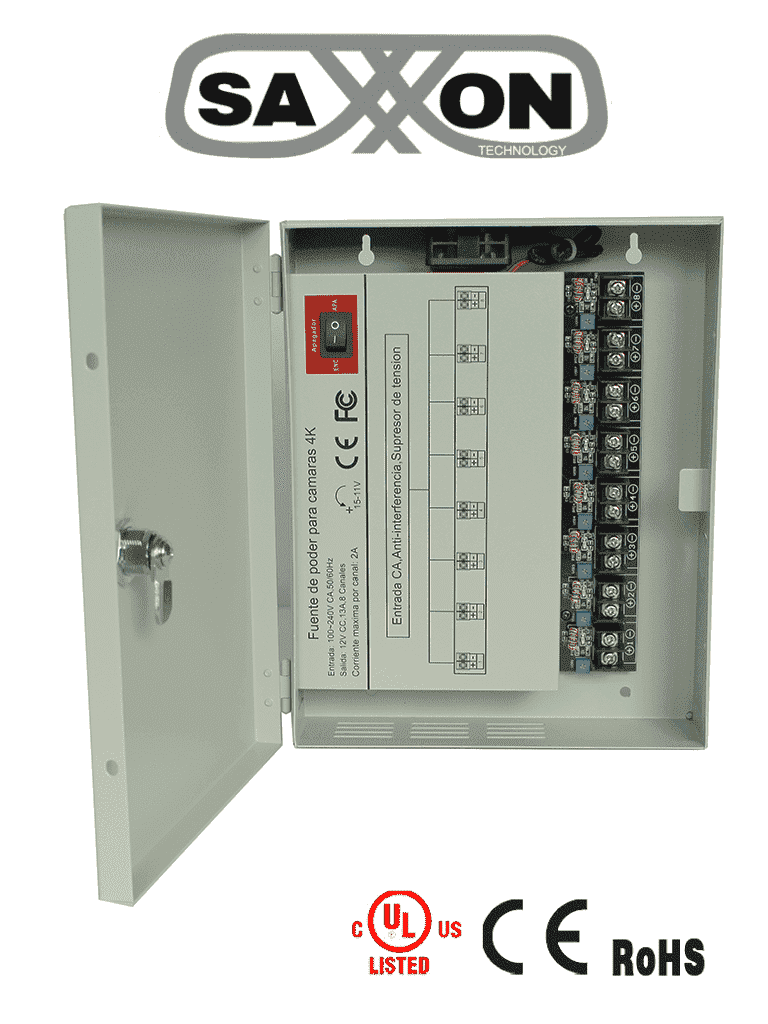 [PSU1213-D8H] SAXXON PSU1213D8H- Fuente de Poder Profesional de 11 a 15 vcd/ 13 Amperes/ Para 8 Camaras Hasta 4k/ 1.6 Amperes por Canal/ Protección contra Sobrecargas/ Filtro de Ruido por Canal/ Uso rudo/ #FuenteSAXXON