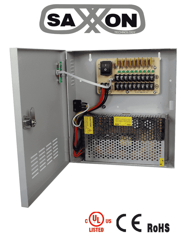 SAXXON PSU1220-D9 - Fuente de Poder de 12 vcd/ 20 Amperes/ Para 9 Camaras/ 2.2 Amperes por Canal/ Protección contra Sobrecargas/ Certificación UL/ #FuenteSAXXON