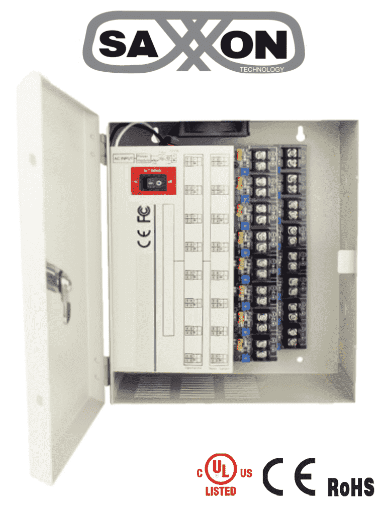[PSU1220-D16H] SAXXON PSU1220D16H- Fuente de Poder Profesional de 11 a 15 vcd/ 20 Amperes/ Para 16 Camaras Hasta 4k/ 1.25 Amperes por Canal/ Protección contra Sobrecargas/ Filtro de Ruido por Canal/ Uso rudo/ #FuenteSAXXON