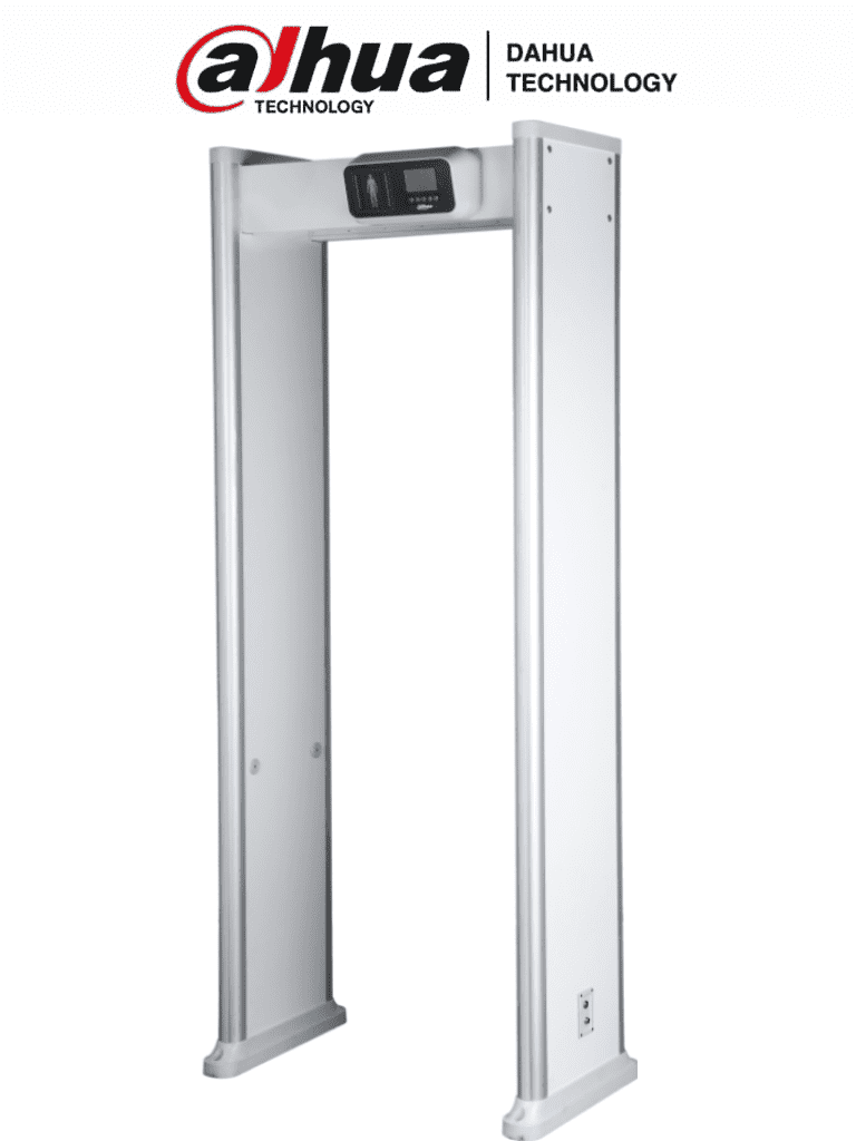 DAHUA ISC-D118C - Arco detector de metales con 18 zonas y pantalla LCD de 3.5". Ofrece 9 sonidos de alarma ajustables en 10 niveles de volumen, luces indicadoras por área, contador de pasos y alarmas, y 255 niveles de sensibilidad configurables.