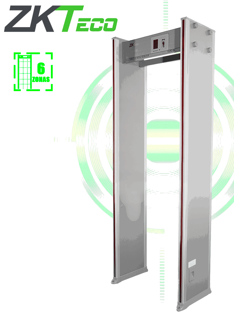 ZKTECO D1065 - Arco detector de metal con 6 zonas de detección, 100 niveles de sensibilidad, pantalla LCD de 3.5", contadores de personas y alarmas, indicadores LED en ambas vistas