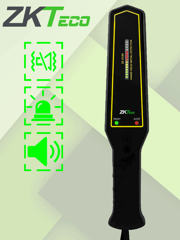 ZKTECO D180 - Detector de metales portátil con alta sensibilidad, indicador visual, alarmas sonora y vibración. Su batería recargable de 9VDC proporciona hasta 40 horas de uso continuo, ideal para aplicaciones de seguridad eficientes y prolongadas. #ARCO