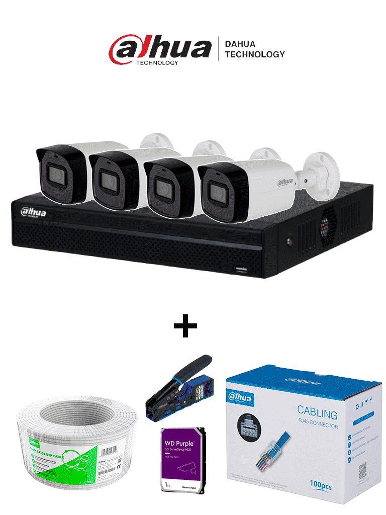 Bundle NVR+4BulletIP - Compra 1 NVR NVR1104HS-P-S3 de 4 Canales/ 4 cámaras IPC-B1E20 / Bobina de 100m/ Caja con 100 plugs/ Pinza de corte rj45/ Disco Duro 1TB/ #MiPrimerIP