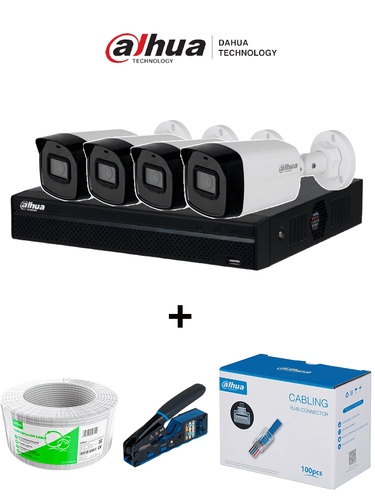 Bundle NVR+4BulletIP -Compra 1 NVR NVR1104HS-P-S3 de 4 Canales y llévate mas 4 cámaras IPC-B1E20 / Bobina de 100 metros/ Caja con 100 Plugs/ Pinza de corte de Plugs/*No incluye disco duro/ #MiPrimerIP