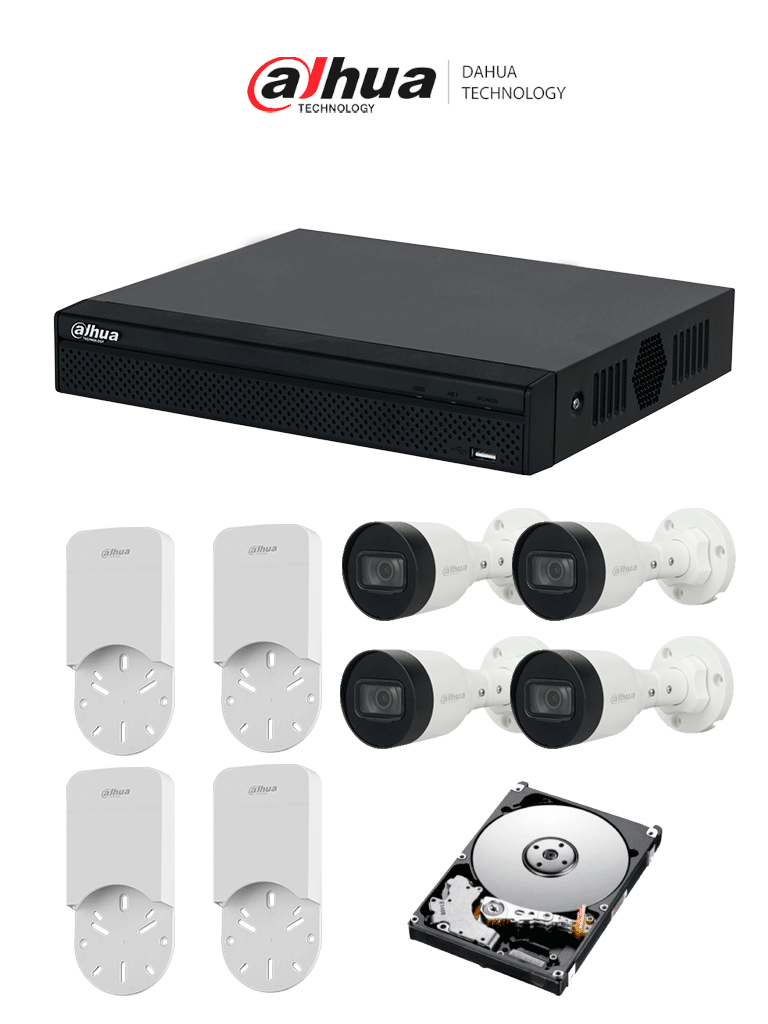 [DH-KIT/NVR1104HS-P-S3/H-1T/4-H+DH-PFA12A] DAHUA KITNVR1104HS-P+4C+4S 1TB- Kit IP de 4 canales con NVR con 4 puertos PoE, 1TB de almacenamiento, y 4 cámaras bullet de 2MP con clasificación IP67. Incluye caja de conexiones PFA12A de policarbonato resistente, ideal para exteriores. #KitDahua
