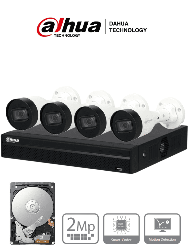[DH-KIT/NVR1104HS-P-S3/H-1T/4-HFW1230S1P-0280B-S5-QH2] DAHUA KITNVR1104HS-P+4C1TB- Kit IP de 4 canales con NVR con 4 puertos PoE, 1TB de almacenamiento, y 4 cámaras bullet de 2MP con IR de 30 metros y clasificación IP67 para exteriores. Ideal para una vigilancia eficiente y robusta. #KitDahua