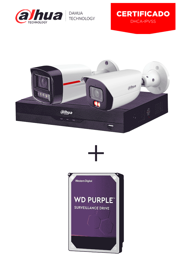 DAHUA Kit para certificación Dahua DHCA-IPVSS compuesto por: DH-IPC-HFW3249E-S-IL , DH-IPC-HFW2249TL-S-PRO, DHI-NVR2104HS-P-I2 y WESTERN WD10PURZ - Disco Duro de 1TB