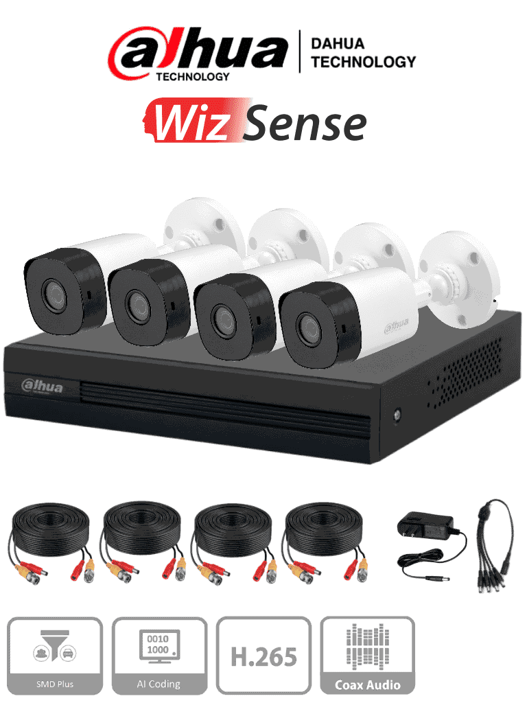 [DH-KIT/XVR1B04-I/4-B1A11N-0280B] DAHUA KITXVR1B04-I1MP-2.8 - Kit de 4 canales con cámaras B1A11 de 1 MP, lente de 2.8mm y ángulo de visión 93°. Soporta 4 canales más 1 IP o hasta 5 canales IP, tecnología SMD Plus, búsqueda de humanos y vehículos #DAHQ1M #LF #DVM #VolDH