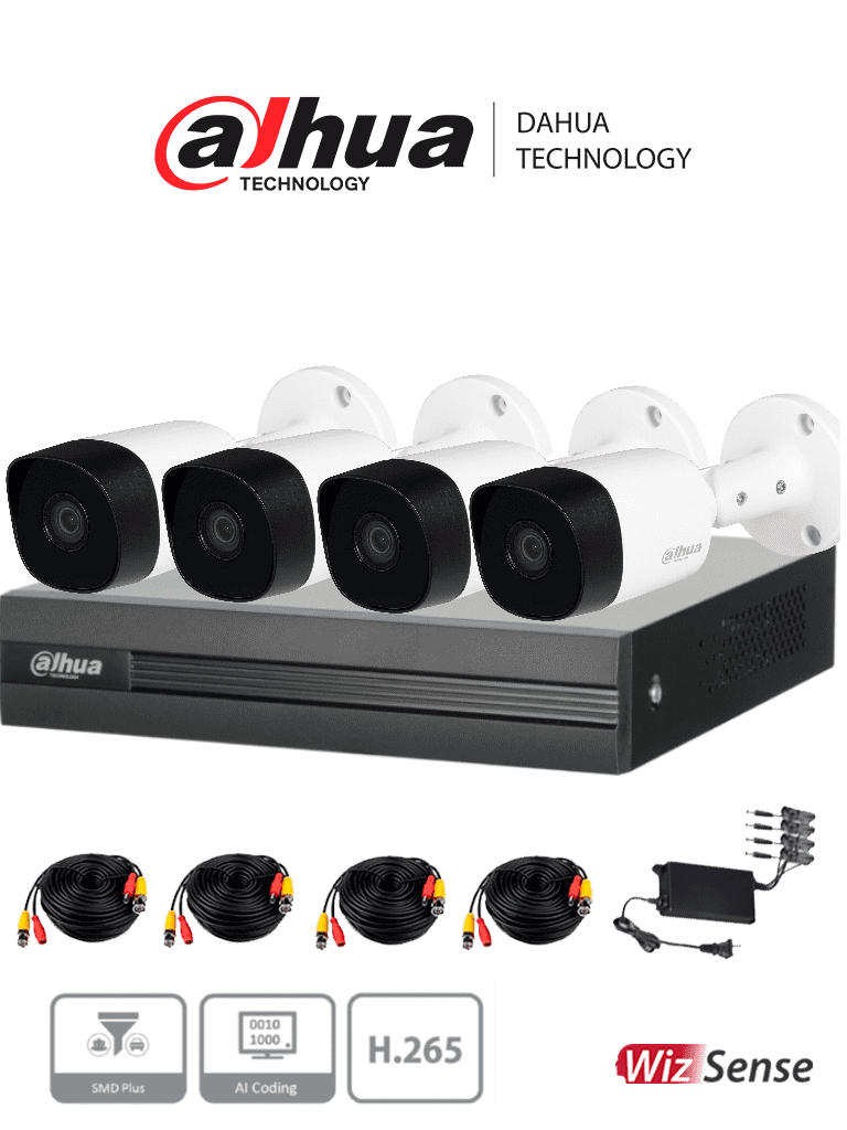 DAHUA KITXVR1B04H-I+4B2A51 -Kit de 4 Ch de 5 MP/ DVR Cooper-I WizSense/Con IA/ H.265+/4 Camaras B2A51 Metalicas/4 Ch + 1 IP o Hasta 5 Ch IP/ 4 Ch SMD Plus/Busqueda de Humanos y Vehiculos/Accesorios Incluidos#DAHQ1M #NuevoPrecio #DMD #DVM#VolDH #MCI2 #DMD