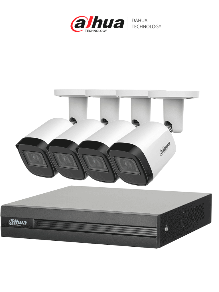 [DH-KIT/XVR1B04H-I/4-B2A51N-U-0280B-S2] DAHUA KITXVR1B04H-I4B2A51-U - Kit de 4 Cámaras metálicas 5 MP Lente de 2.8mm y un DVR Cooper-I WizSense, 4 Canales + 1 IP o Hasta 5 Canales IP. Soporta Con IA, H.265+, SMD Plus y Búsqueda de Humanos y Vehículos.
