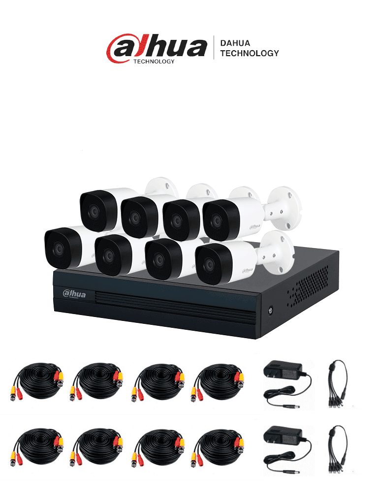 [DH-KIT/XVR1B08-I/8-B2A21N-0360B] DAHUA KITXVR1B08- I+8-B2A21- Kit de 8 Canales, DVR Cooper-I WizSense con IA y H.265+, 8 cámaras B2A21 de 1080p metálicas, soporte para hasta 10 canales IP, 4 canales con SMD Plus para detección de humanos y vehículos, y accesorios incluidos.