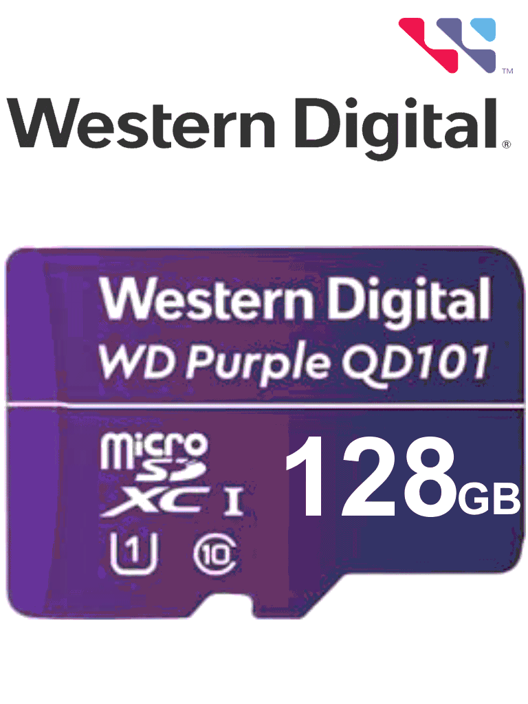 WESTERN WDD128G1P0C- Memoria de 128GB Micro SDXC/ Linea Purple/ Clase 10 U1/ Lectura 50MB/ Escritura 40MB/ Especializada para Videovigilancia #VIVA