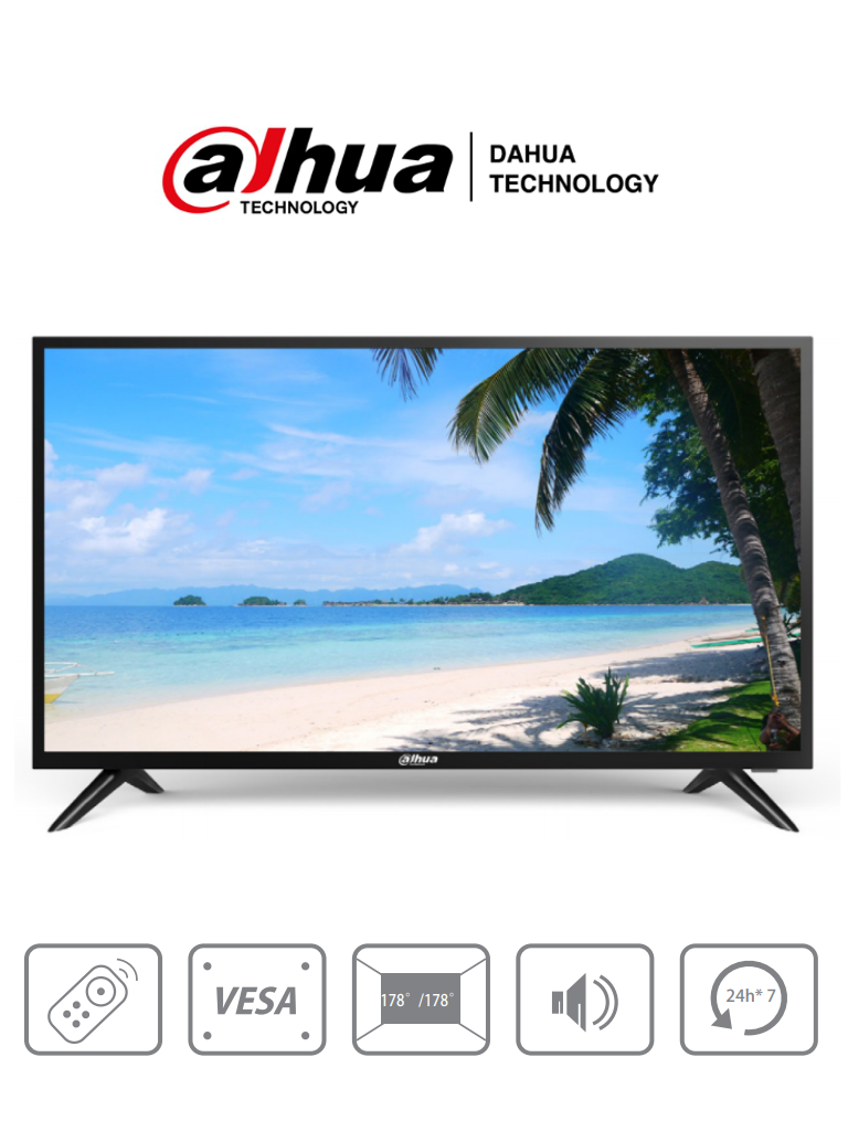 DAHUA DHI-LM32-F200 - Pantalla FHD de 32 pulgadas con resolución 1920×1080, diseñada para uso 24/7. Ofrece 240 cd/m² de brillo, entradas HDMI, VGA, USB, altavoces integrados y control remoto. #ProAccesorios #MCI2 #ACMD